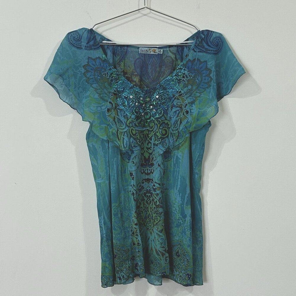 UNITY WORLD WEAR Top M Y2K Floral Embellished Tunic V-Neck Flutter Sleeves